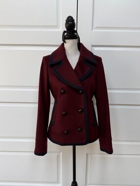 J.Crew 100% Wool Burgundy Peacoat with Navy Trim